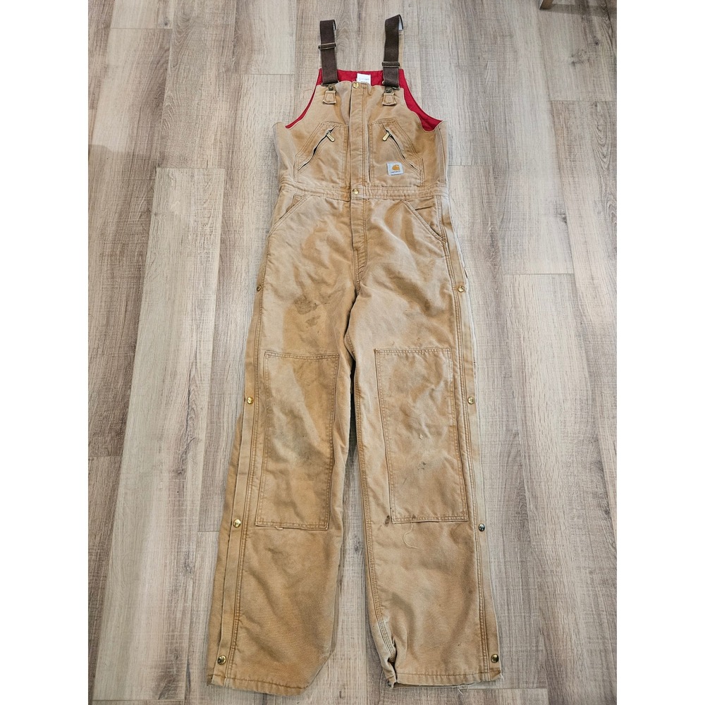 Carhartt R02 BRN Quilt Lined Bib Overalls Brown Double Knee Distressed Workwear